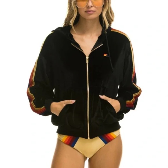 Aviator Nation Black Velvet Striped Zip Up Hoodie Size M - Picture 2 of 12